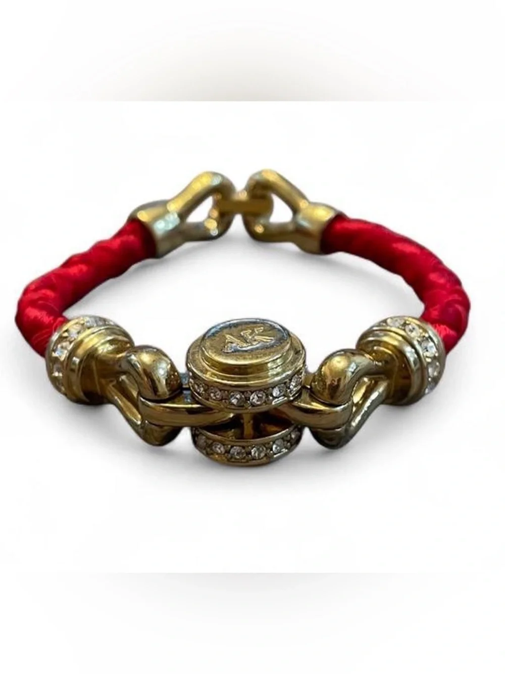 Vintage Anne Klein Signed AK Clamper Bracelet Red Cord Gold Tone Rhinestone